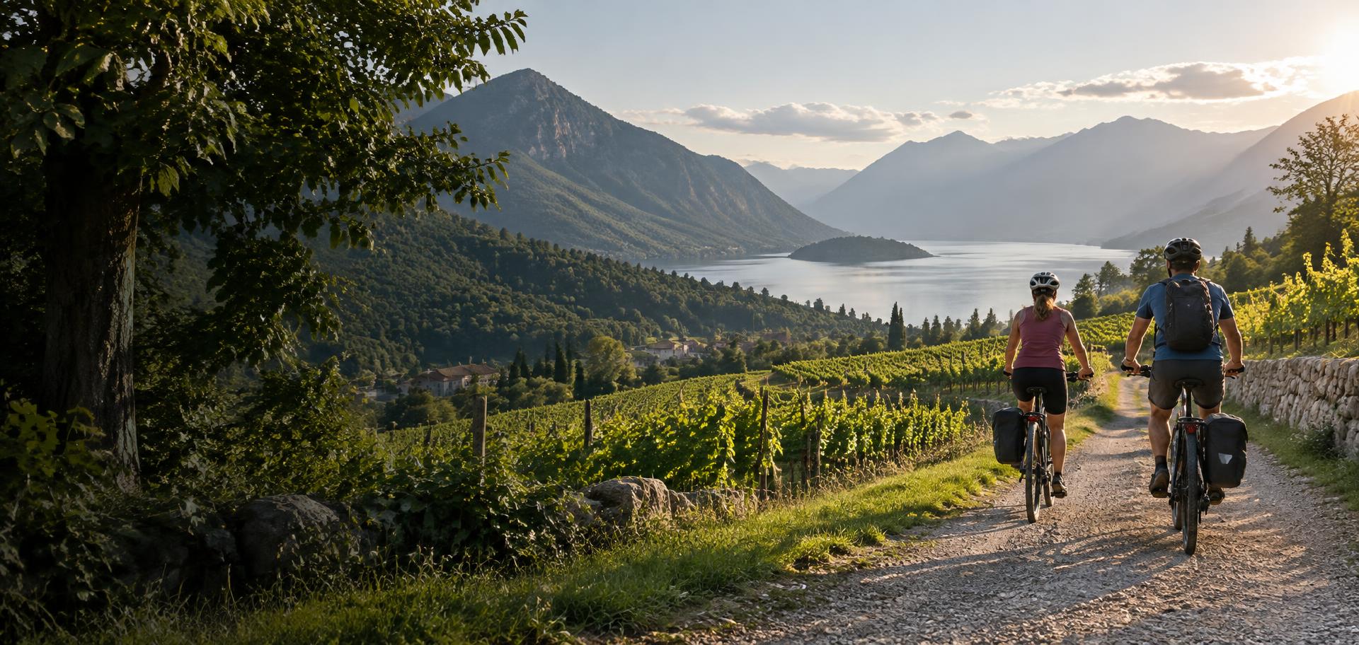 Cyclists travelling through a mountain and lakeside landscape